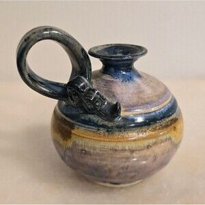 Studio Pottery Glazed Oil Lamp or Bud Vase In Blue Lavender Signed